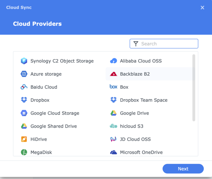 Screenshot of a Cloud Sync dialog showing a list of cloud storage provider options.
