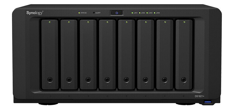 Synology DS1821+ NAS device with eight drive bays and front panel indicators.
