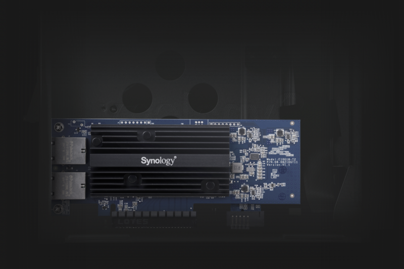 Synology expansion card with dual heatsinks mounted on circuit board with visible components.