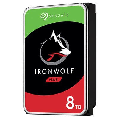 Seagate IronWolf 8TB NAS hard drive with green and black label featuring wolf logo.