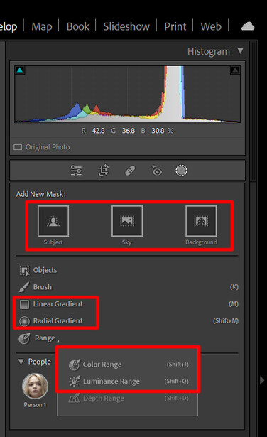Screenshot of Lightroom's Develop module showing histogram, tone curve adjustments, and color grading panels.