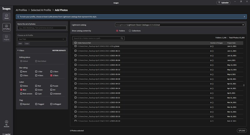 Screenshot of photo management software showing a filtered image library with multiple archival photos listed in a detailed table view.