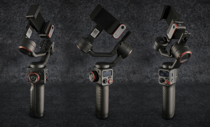 Three smartphone gimbals with different phone mounting configurations displayed against a textured gray background.