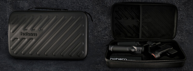 Two black Nohem camera cases displayed open and closed against a dark textured surface.