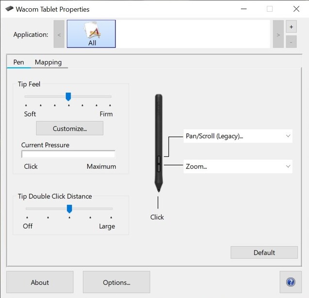 Screenshot of Wacom Tablet Properties dialog showing pen mapping and pressure settings.