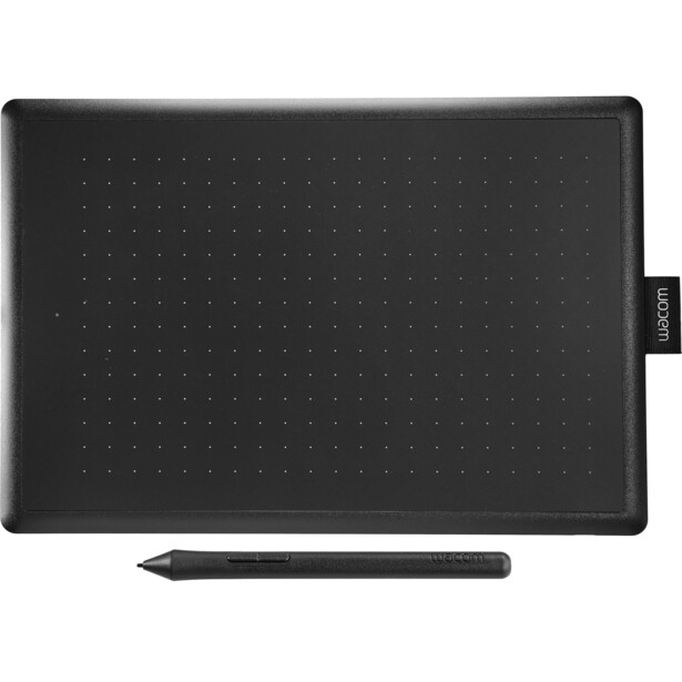 Black pen tablet with pressure-sensitive surface and stylus pen on white background.