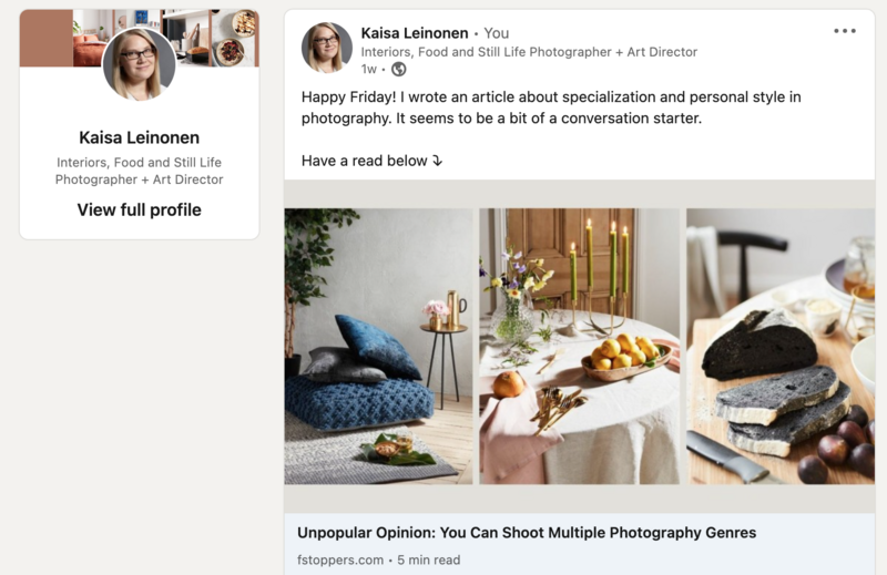 Screenshot of a LinkedIn post by photographer Kaisa Leinonen about photography specialization and personal style.
