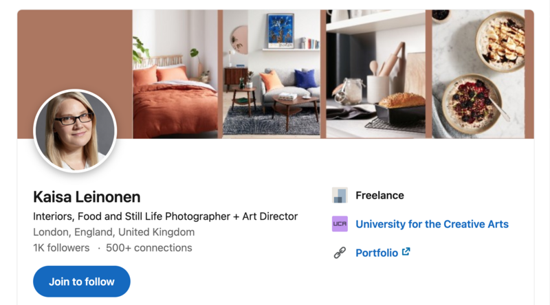 LinkedIn profile header for a creative professional specializing in interior and food photography.