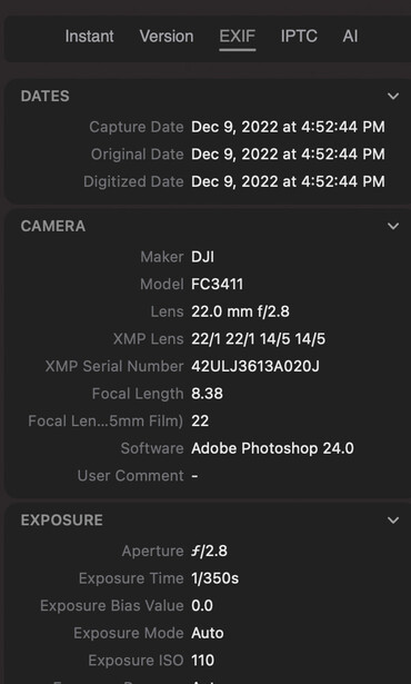 Screenshot of camera EXIF metadata panel showing DJI FC3411 drone camera settings and capture details.