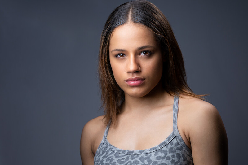 Model in front of grey background