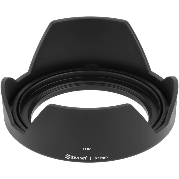 Black lens hood with wide, petal-shaped design and 67mm size marking on the rim.