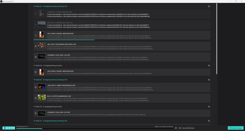 Screenshot of a dark-themed video editing or media management interface with multiple file entries and thumbnails.