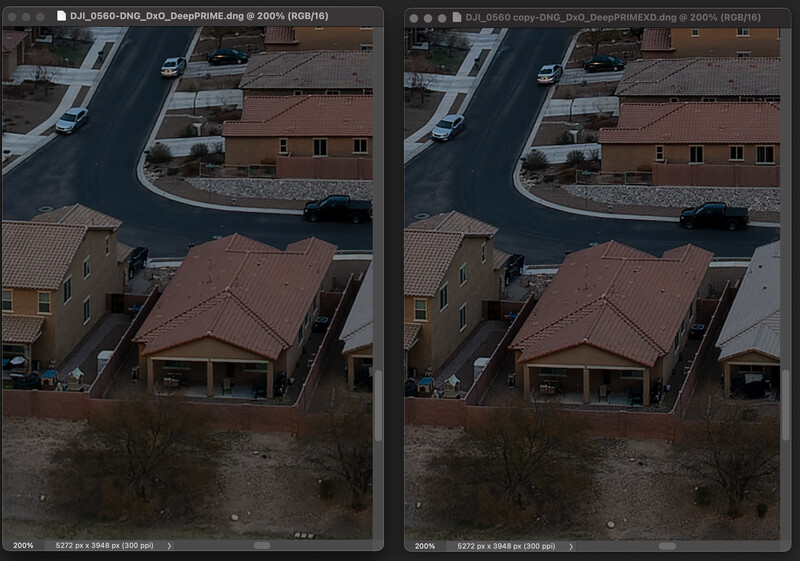 Side-by-side comparison of aerial images showing the same residential area with different processing or exposure settings.