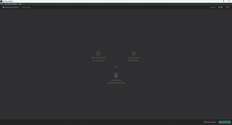 Screenshot of Lightroom's empty library view with placeholder icons for adding photos and videos.