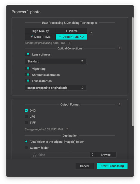 Screenshot of a photo processing dialog showing raw file conversion settings with options for quality, lens corrections, and output format.