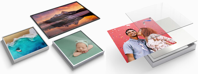 Print products displayed including framed landscape photos, portrait prints in boxes, and layered photo cards.