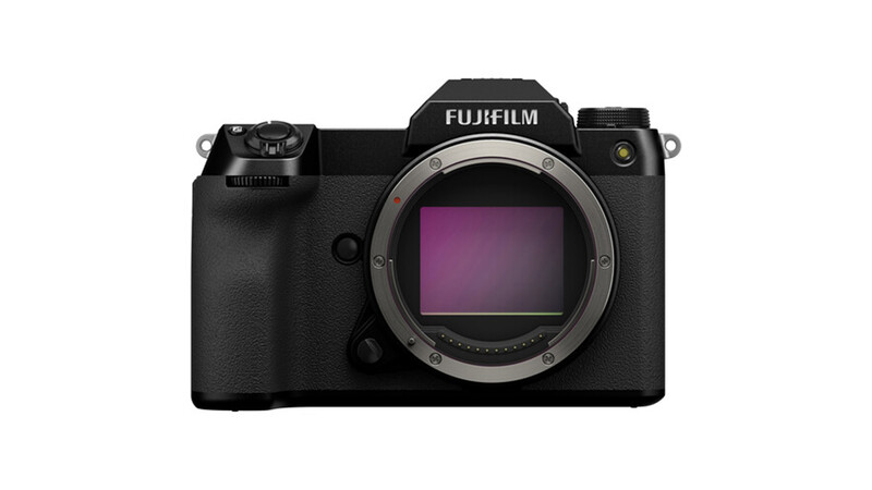 Fujifilm GFX mirrorless camera body shown from front against white background.