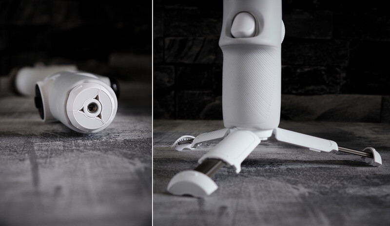 White product disassembled into component parts arranged on gray surface in black and white photography.