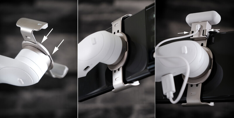 White articulating clamp mount shown in three mounting positions on black equipment.