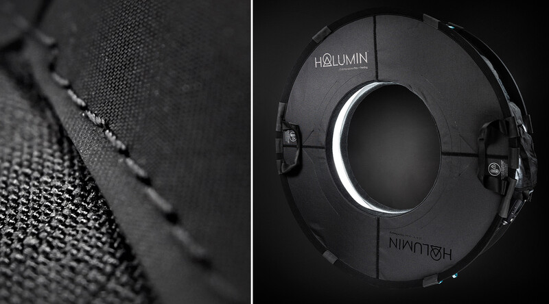 Close-up of black fabric weave texture on left; circular black device with white ring and mounting hardware on right.