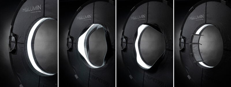 Four sequential views of a Halumin ring light showing adjustable barn door positions from fully open to closed.
