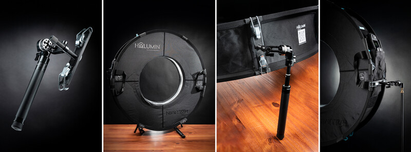 Four views of a black spherical studio light with mounting hardware and stand components.