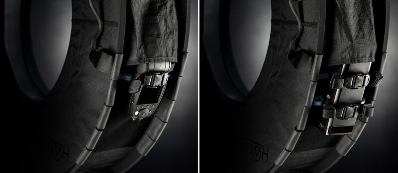 Side-by-side comparison of a tactical belt with two different buckle configurations and attachment methods.