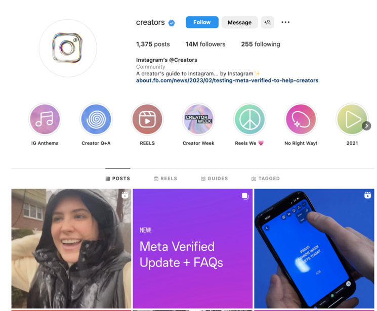 Screenshot of Instagram's @creators profile page showing verified badge update announcement and FAQ information.