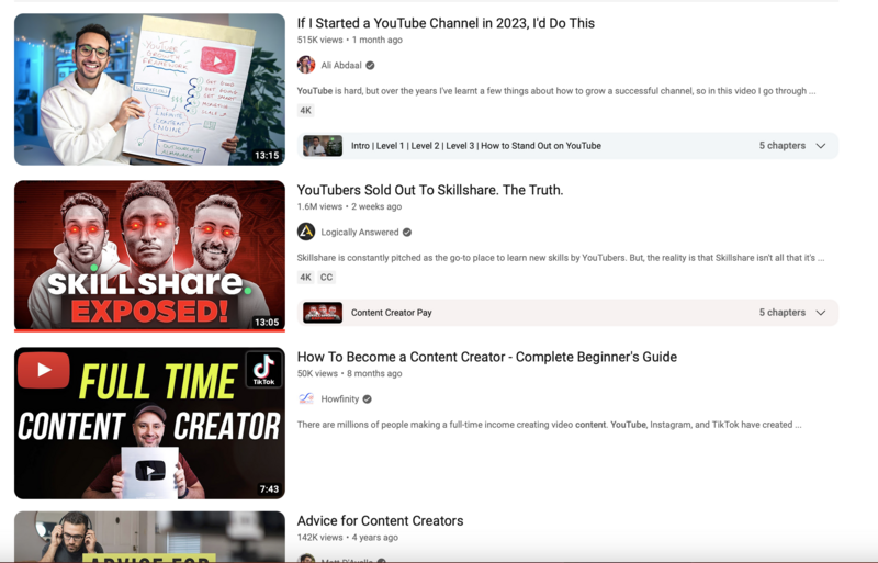 Screenshot of YouTube video thumbnails and titles about content creation and YouTube channel growth strategies.