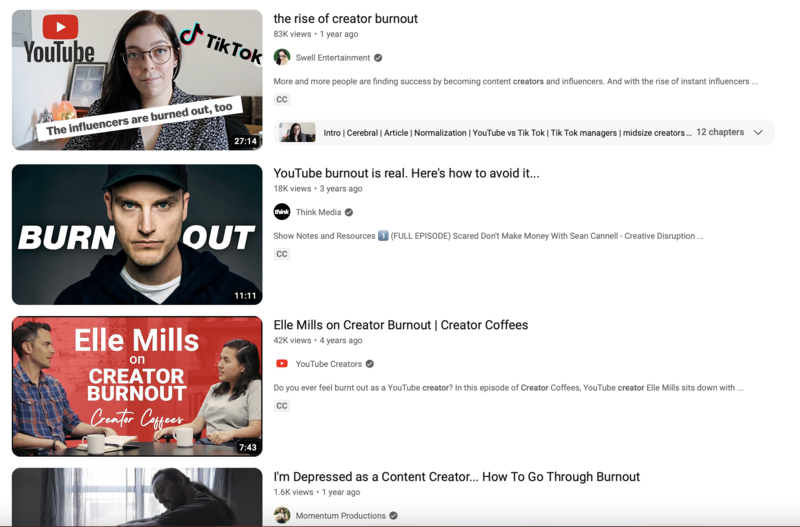 Screenshot of YouTube search results displaying multiple video thumbnails about creator burnout.