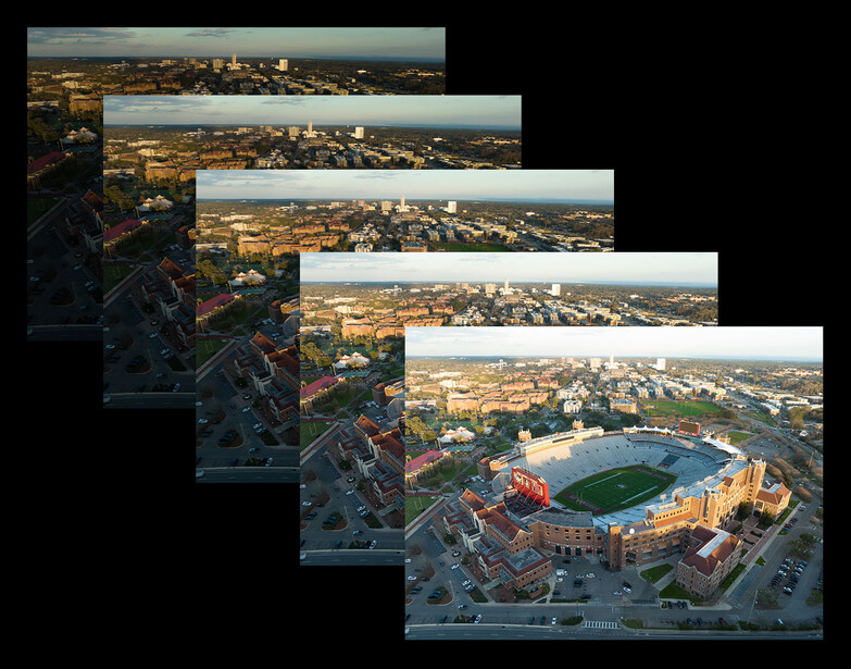 Aerial photograph showing progressive zoom sequence from wide cityscape to close-up of blue sports stadium surrounded by urban development.