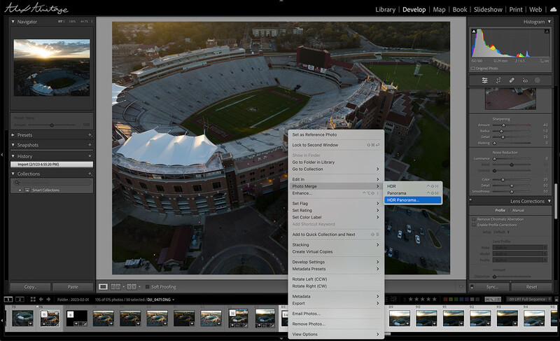 Screenshot of Adobe Lightroom showing aerial photograph of a large stadium with editing panels and export options visible.