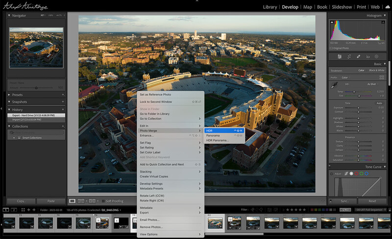 Screenshot of Adobe Lightroom with aerial cityscape photo and editing panels visible.
