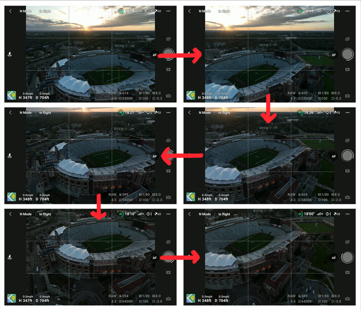 Screenshot showing six sequential drone camera views of a baseball stadium at sunset with directional arrows indicating progressive movement or pan adjustments.