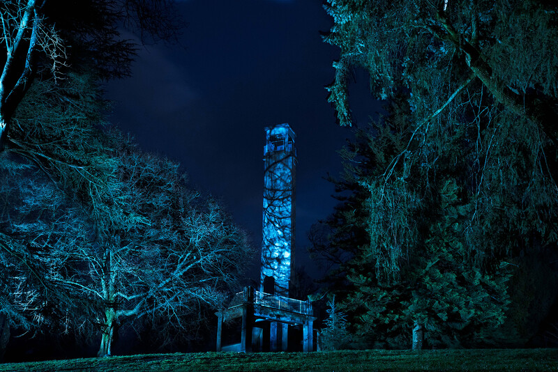 Illuminated stone tower surrounded by bare trees at night, bathed in blue light.