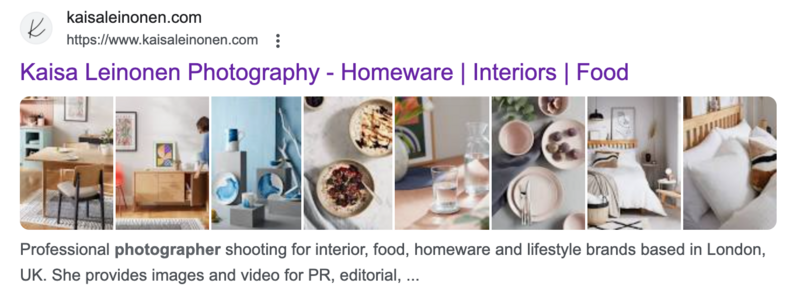 Grid of eight photographs showcasing interior design, homeware, and food styling work.