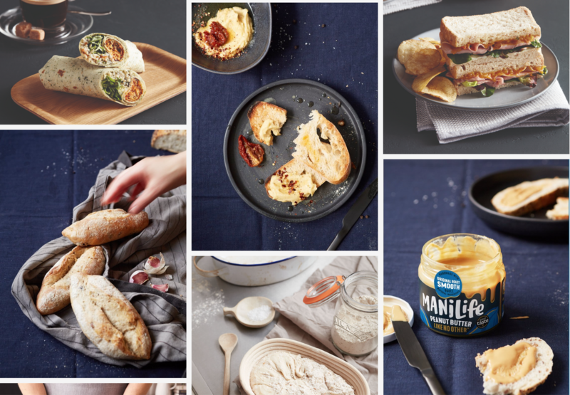 Food styling collage featuring bread, sandwiches, and spreads arranged across a dark surface.