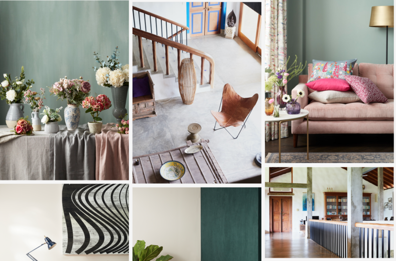 Mood board collage featuring interior design styles with soft color palettes, natural textures, and minimalist furnishings.