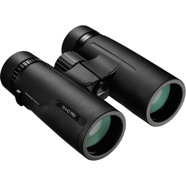 Pair of black binoculars with green-tinted objective lenses positioned side by side.