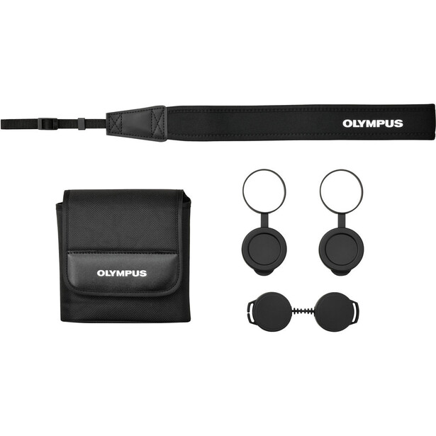 Olympus camera accessory kit including shoulder strap, carrying case, and lens cap holders.