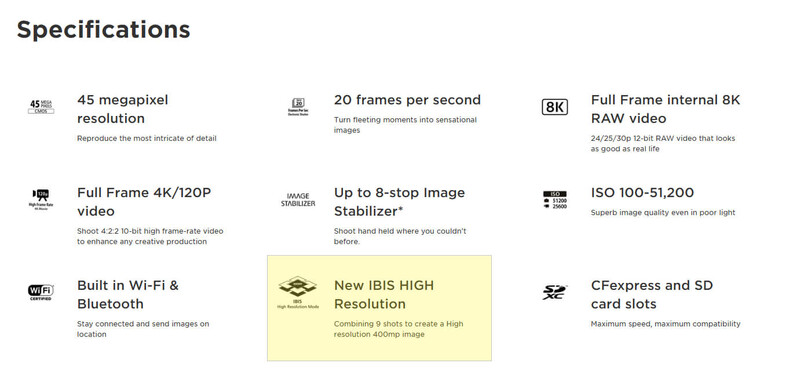 Screenshot of camera specifications listing 45-megapixel resolution, 4K/120P video, Wi-Fi, Bluetooth, image stabilization, 8K RAW video, ISO range, and card slot compatibility.