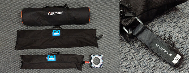 Aputure lighting kit components displayed including carrying case, light modifiers with blue logos, adapter ring, and video microphone.