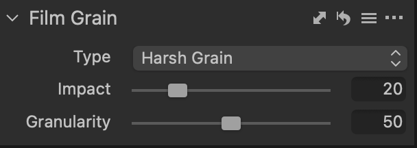 Screenshot of Film Grain adjustment panel with Harsh Grain type selected, Impact set to 20, and Granularity set to 50.