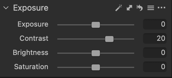 Screenshot of exposure adjustment panel with sliders for Exposure, Contrast, Brightness, and Saturation.