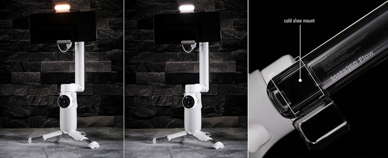 White telepromter stand with articulating arm and monitor displayed against dark tile backdrop, shown in two positions with cold shoe mount detail.