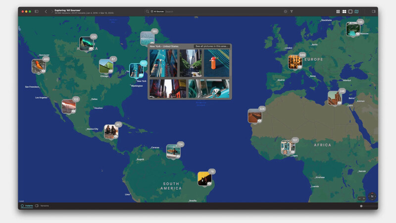 Screenshot of an interactive world map interface displaying photo thumbnails pinned across multiple continents.
