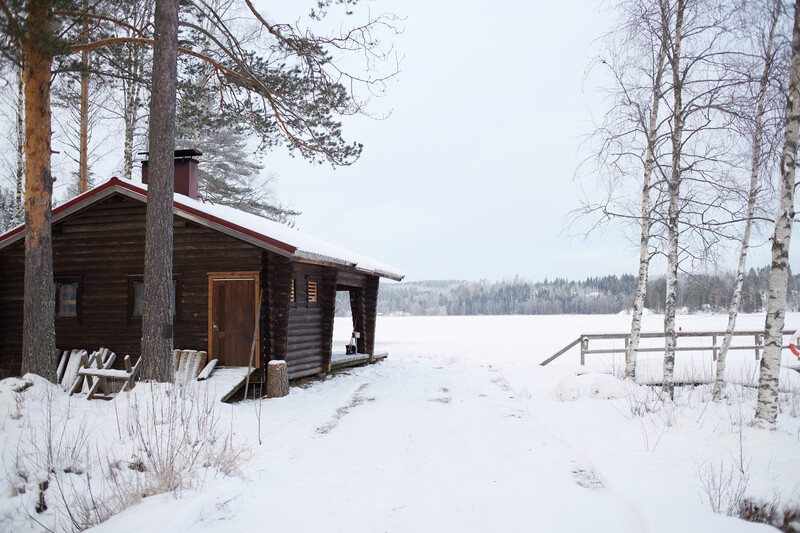 Rustic wooden cabin on a frozen lake surrounded by snow-covered evergreen and birch trees.