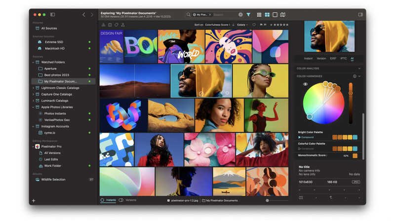 Screenshot of photo organization and editing software displaying a grid of colorful portrait and lifestyle images with a color picker panel on the right.