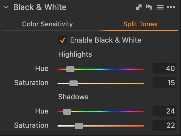 Screenshot of Black & White color sensitivity controls in photo editing software with slider adjustments.