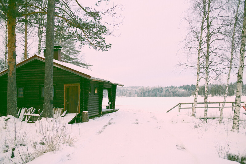 Green wooden cabin on snowy lakeside with bare birch trees and dock visible across frozen water.